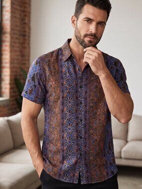 NWT | JOGAL Men's Bohemian Floral Paisley Vertical Panel Short Sleeve Button Up
